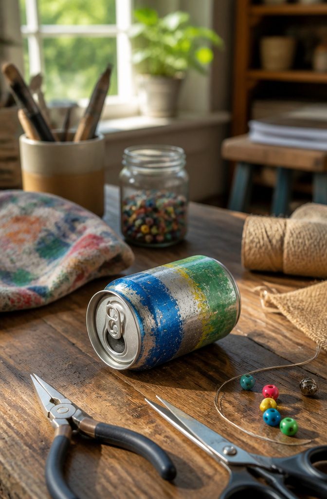 A worn soda can with scattered crafting tools on a wooden surface.