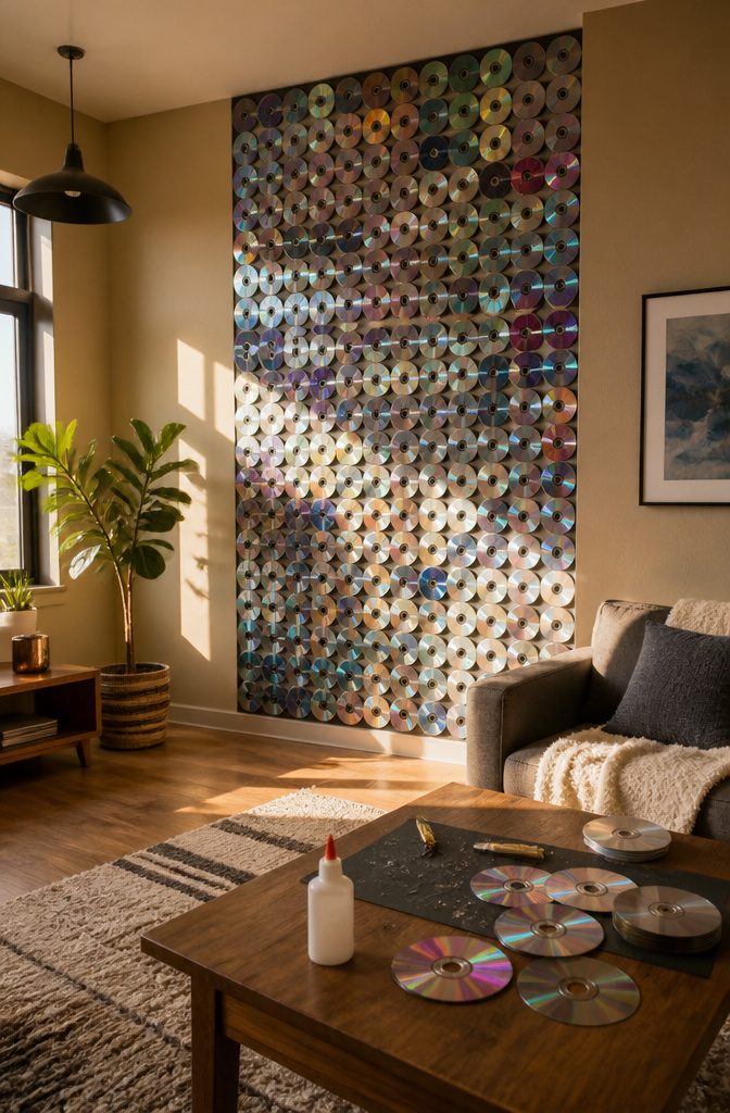 22 DIY Things to Do With CDs: Ideas for Old Discs 7 A wall covered with small pieces of cut CDs reflecting light.
