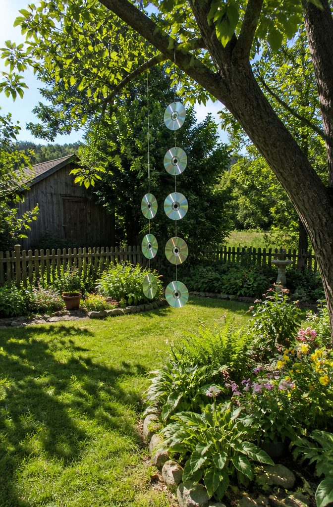 22 DIY Things to Do With CDs: Ideas for Old Discs 6 CDs suspended from string, swinging gently to scare away birds.