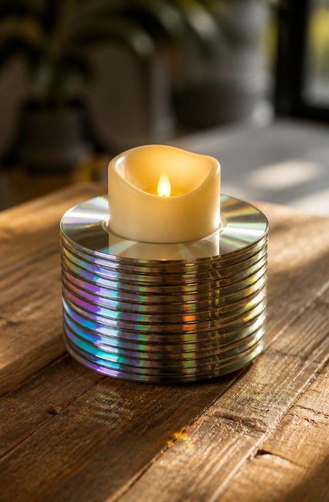 22 DIY Things to Do With CDs: Ideas for Old Discs 11 CDs stacked to form a candle holder beneath a tea light.