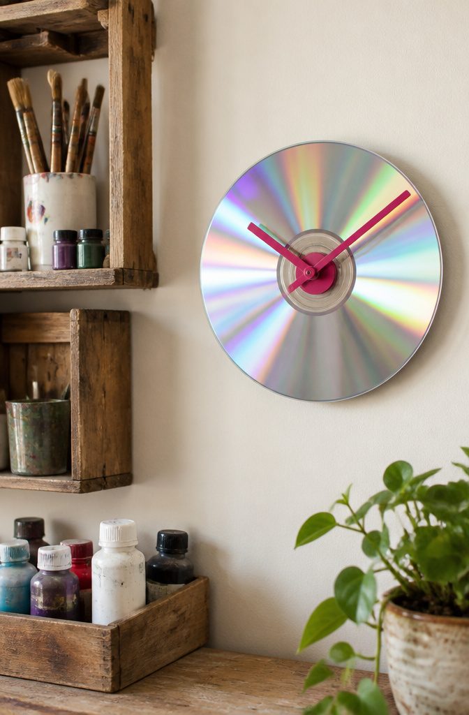 22 DIY Things to Do With CDs: Ideas for Old Discs 2 A clock crafted from a CD, featuring clock hands and a battery mechanism.