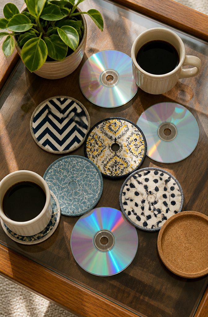 22 DIY Things to Do With CDs: Ideas for Old Discs 8 CDs decorated and backed with cork, serving as coasters.
