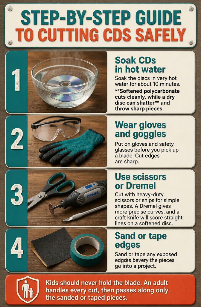 22 DIY Things to Do With CDs: Ideas for Old Discs 23 Instructions for safely cutting CDs with proper tools and precautions.