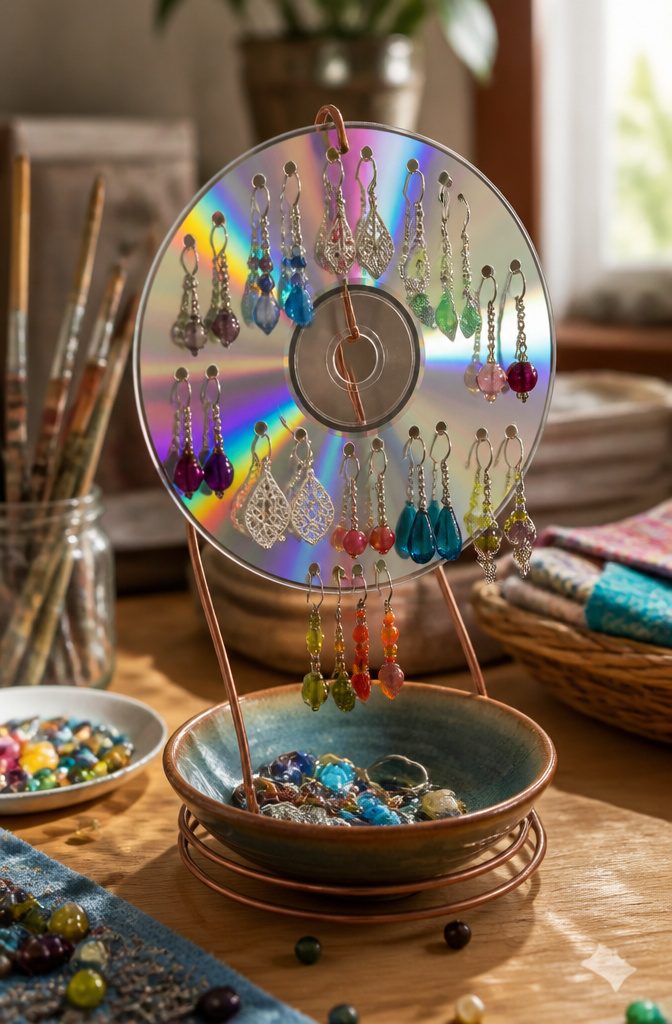 22 DIY Things to Do With CDs: Ideas for Old Discs 9 A CD with holes punched for earrings, used as a holder.