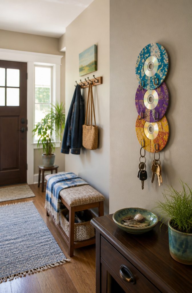 22 DIY Things to Do With CDs: Ideas for Old Discs 12 A key holder crafted from stacked CDs, featuring hooks for keys.