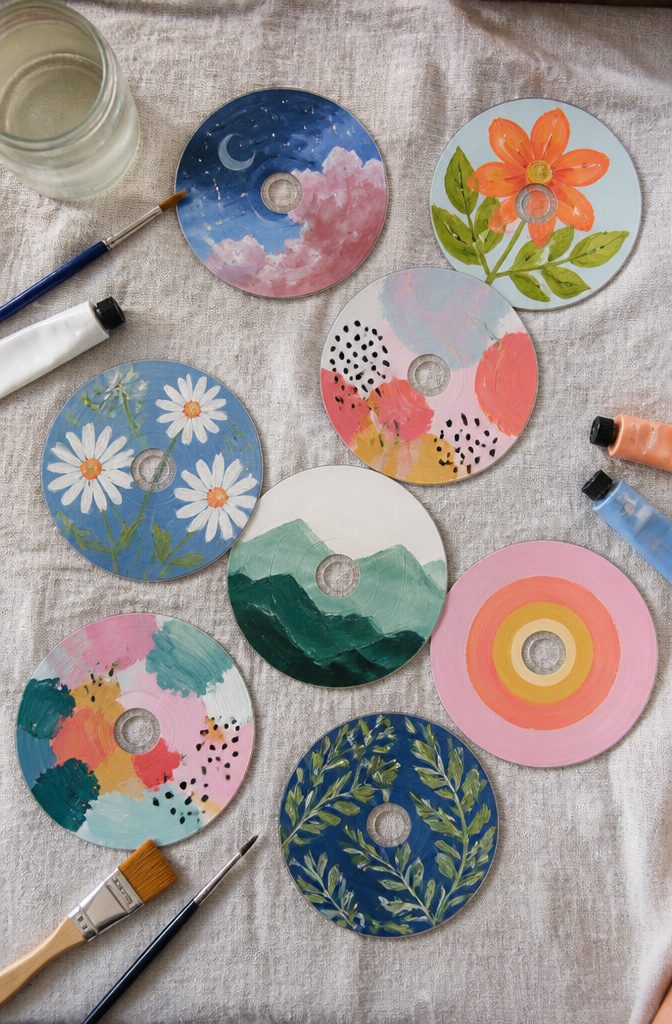 22 DIY Things to Do With CDs: Ideas for Old Discs 3 Several painted CDs showing colorful mini artworks on their shiny surfaces.