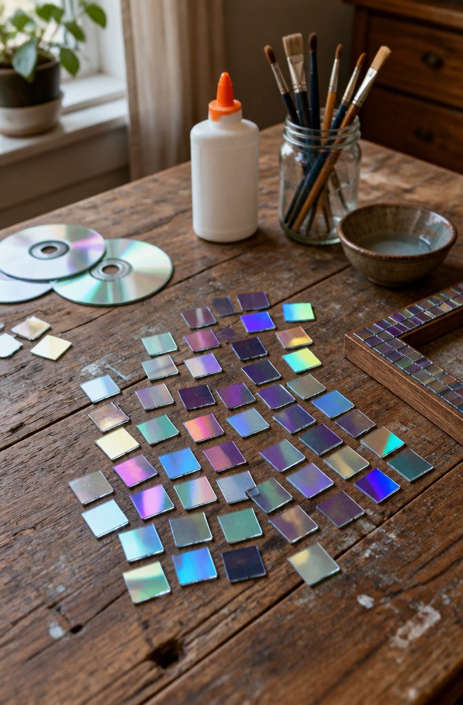 22 DIY Things to Do With CDs: Ideas for Old Discs 22 Colorful mini tiles cut from CDs displayed on a wooden surface.