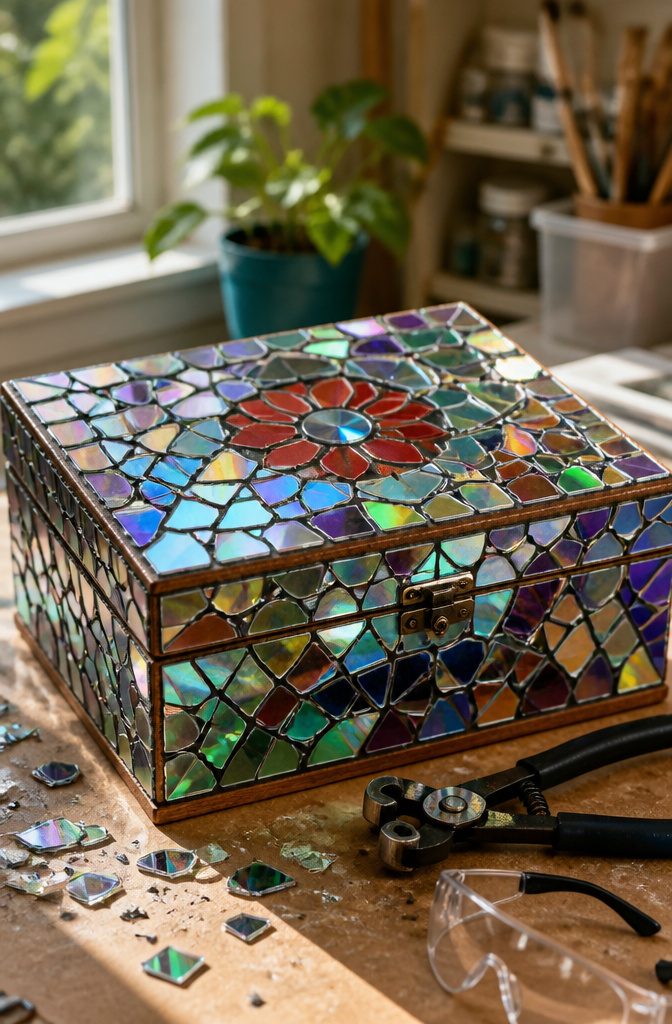 22 DIY Things to Do With CDs: Ideas for Old Discs 1 A frame decorated with small pieces of cut CDs in a mosaic pattern.