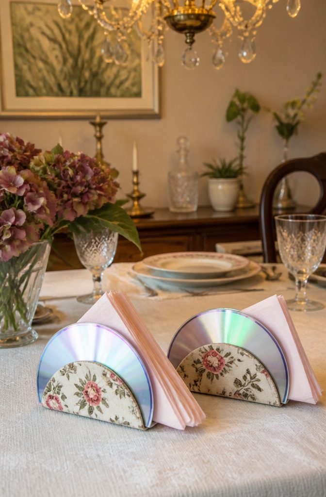 22 DIY Things to Do With CDs: Ideas for Old Discs 20 Cut halves of CDs used as napkin holders on a dining table.