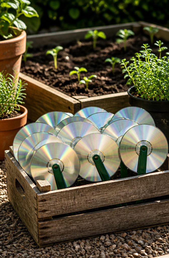 22 DIY Things to Do With CDs: Ideas for Old Discs 5 A rustic crate holding CD plant markers with names of different herbs.