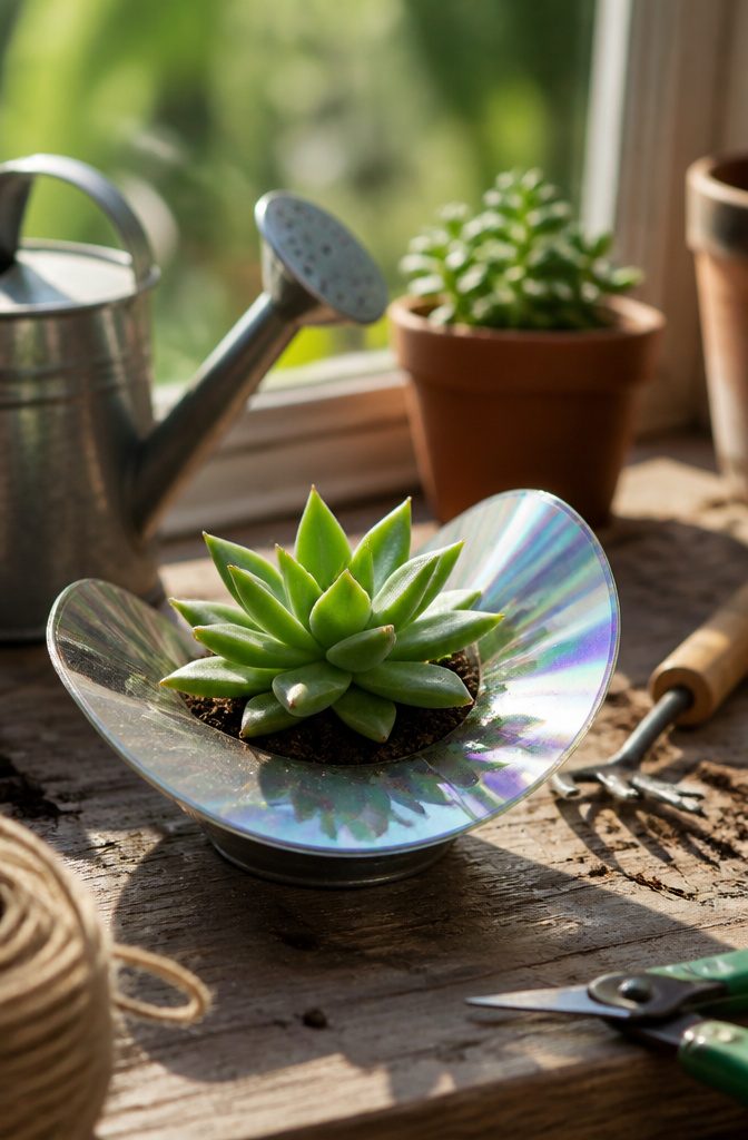22 DIY Things to Do With CDs: Ideas for Old Discs 10 A CD shaped into a small planter resting on a bowl.