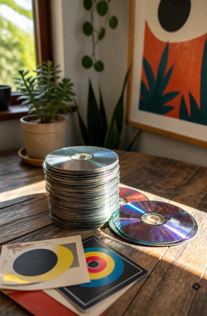 22 DIY Things to Do With CDs: Ideas for Old Discs 25 A stack of old CDs with vintage music flyers on a wooden table.