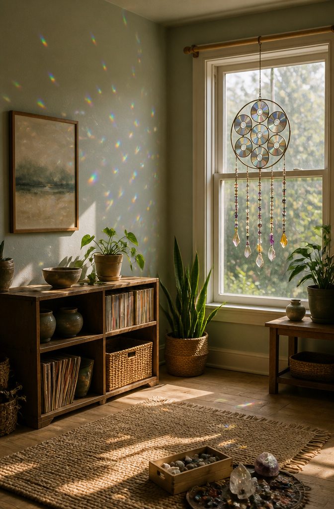 22 DIY Things to Do With CDs: Ideas for Old Discs 4 A CD suncatcher hanging in sunlight, casting rainbow reflections on walls.