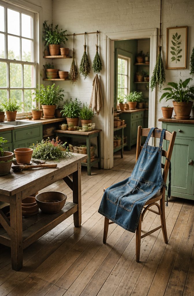 A denim apron made from old jeans with visible back pockets.