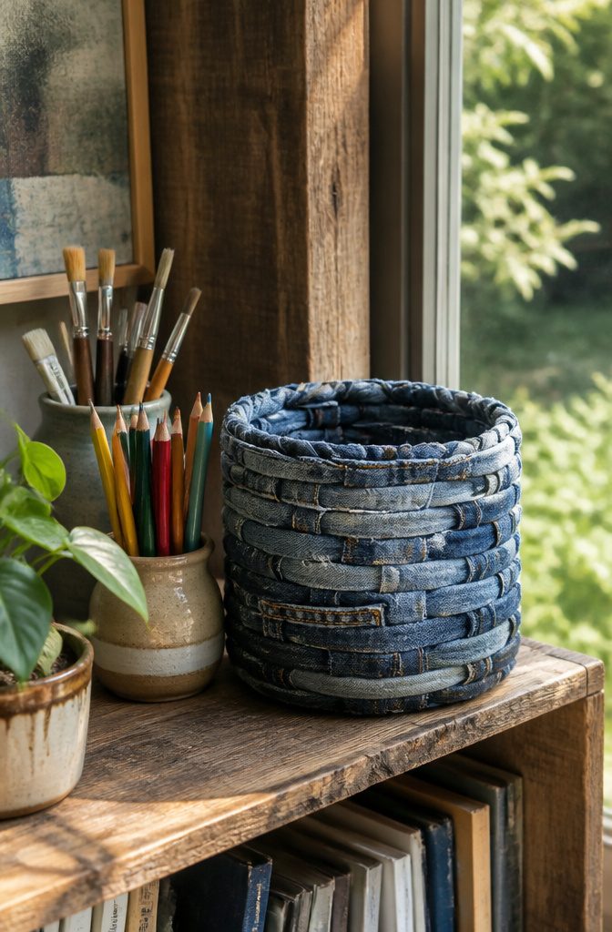 A denim basket made from wrapped strips of old jeans.