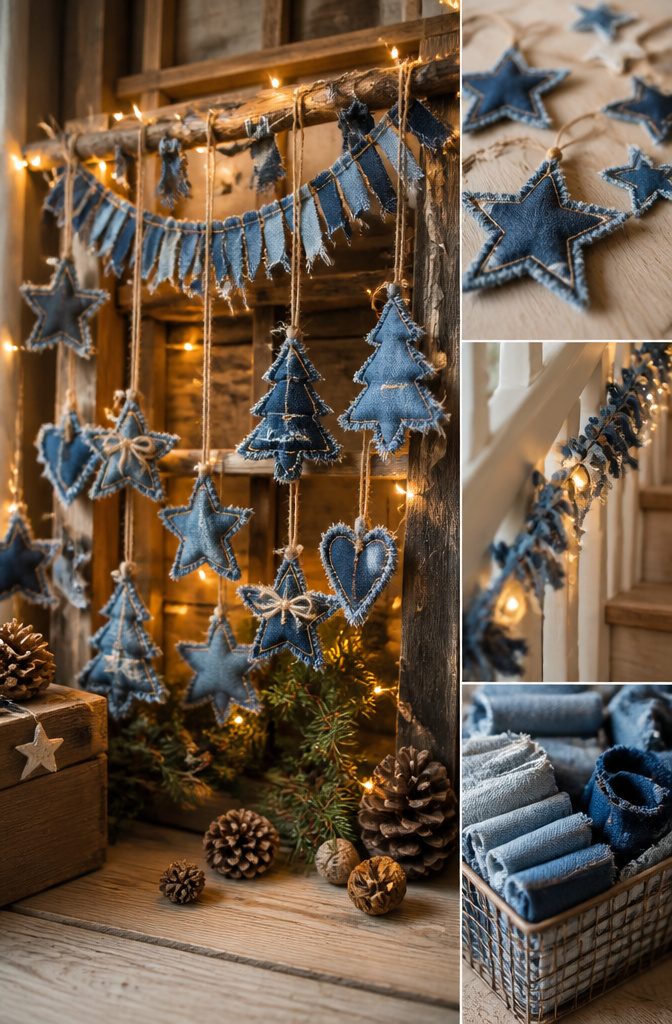 DIY denim Christmas decorations made from old jeans.