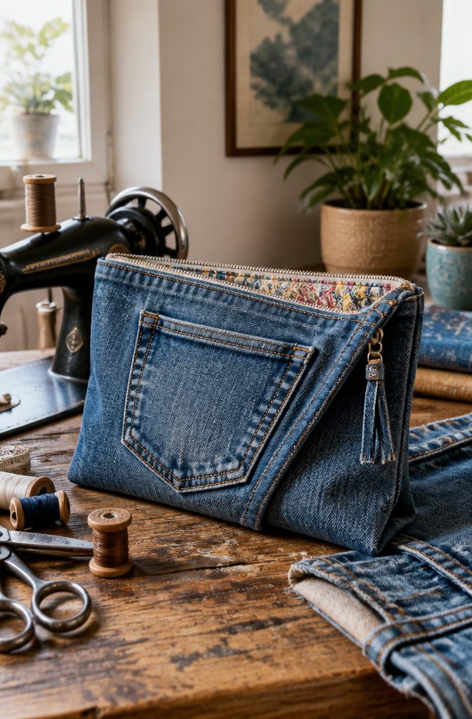 A denim clutch purse created from a leg of old jeans.
