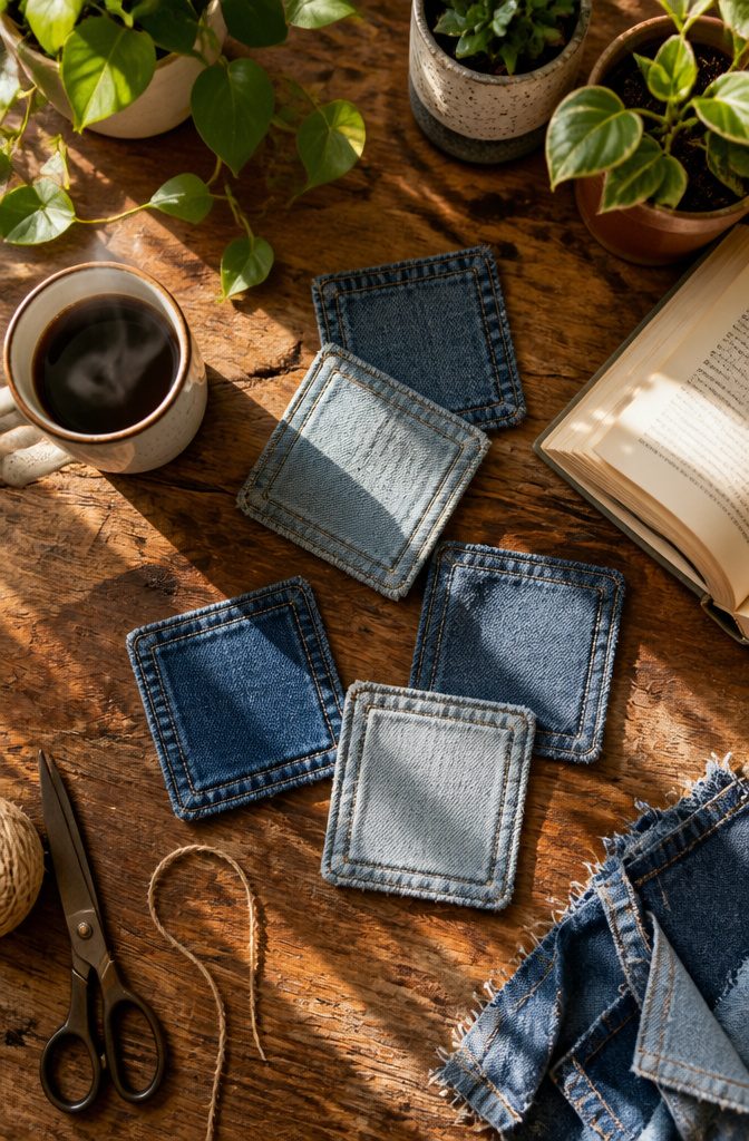 Denim coasters cut from the hems of old jeans.