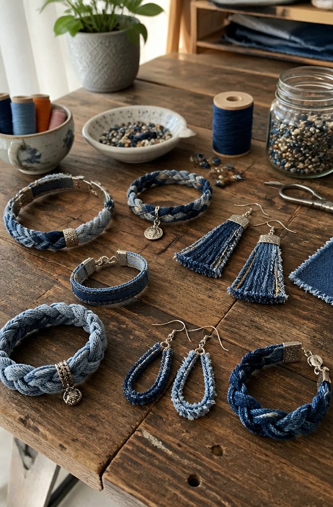 Handmade denim jewelry displayed on a rustic wooden table.