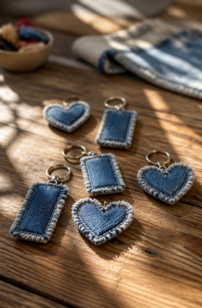 A denim keychain cut in a heart shape with frayed edges.