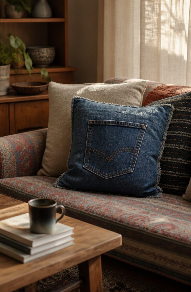 A denim pillow featuring a prominently displayed back pocket.