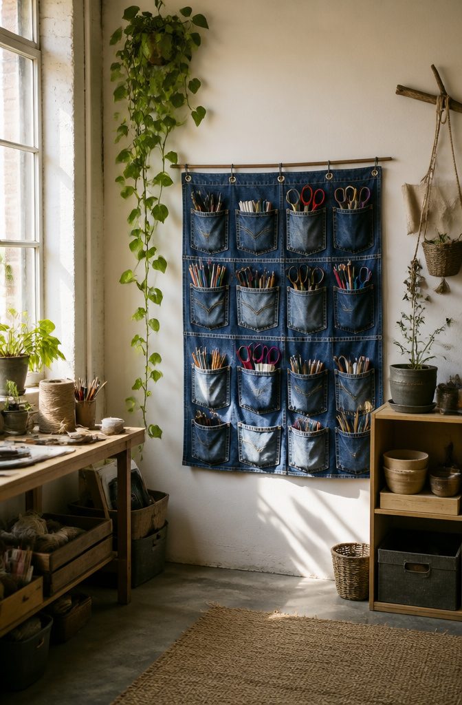 A denim pocket organizer featuring stitched pockets on a fabric panel.