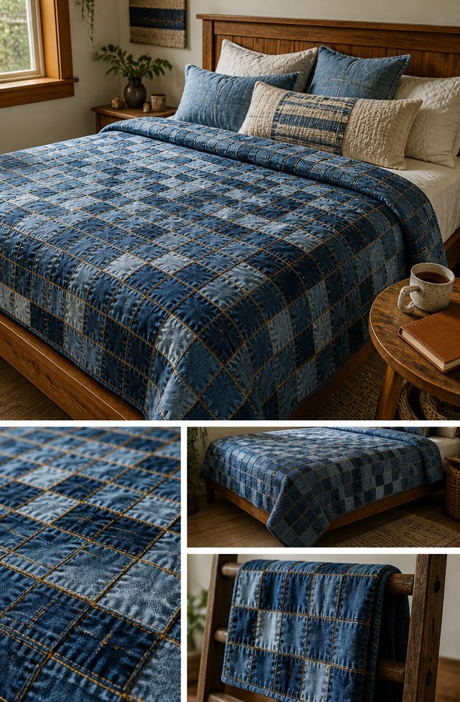 A denim quilt created from small patches of old jeans.