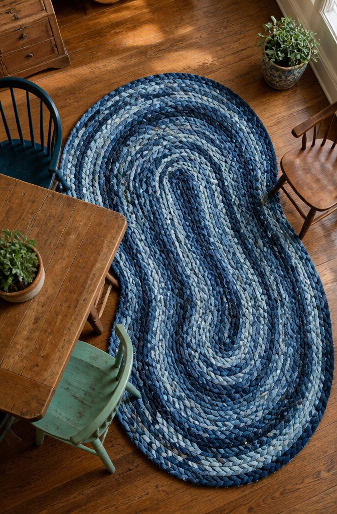 A denim rug created from cut strips of old jeans.