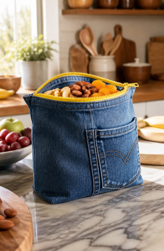A small denim snack bag featuring a zipper closure.
