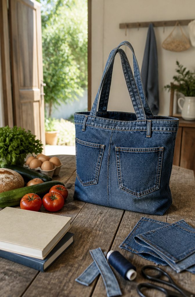 A denim tote bag featuring back pockets and denim straps.