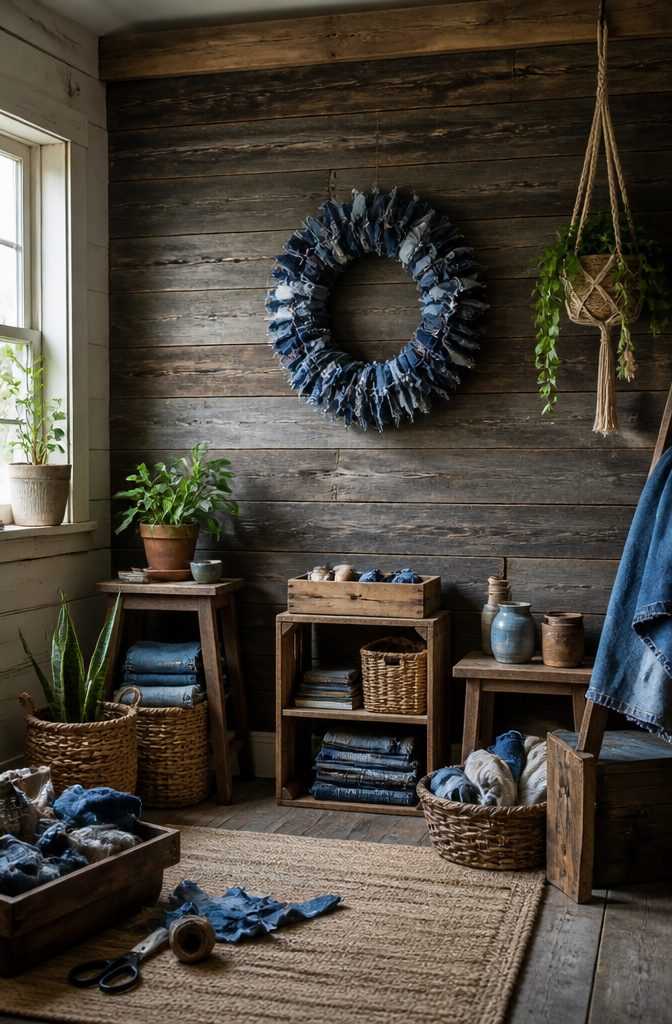 Denim wall decor made from cut feathers and a wreath.