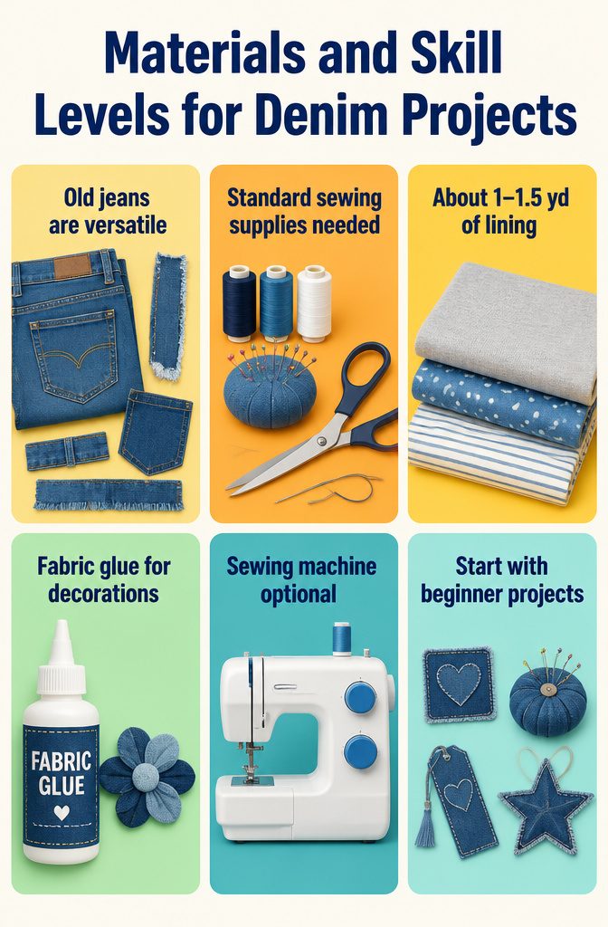 List of materials and skill levels for denim projects.