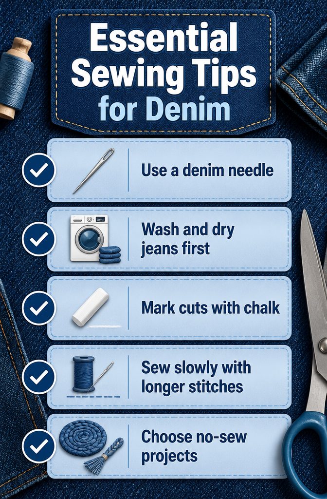 Sewing tips displayed for handling thick denim.