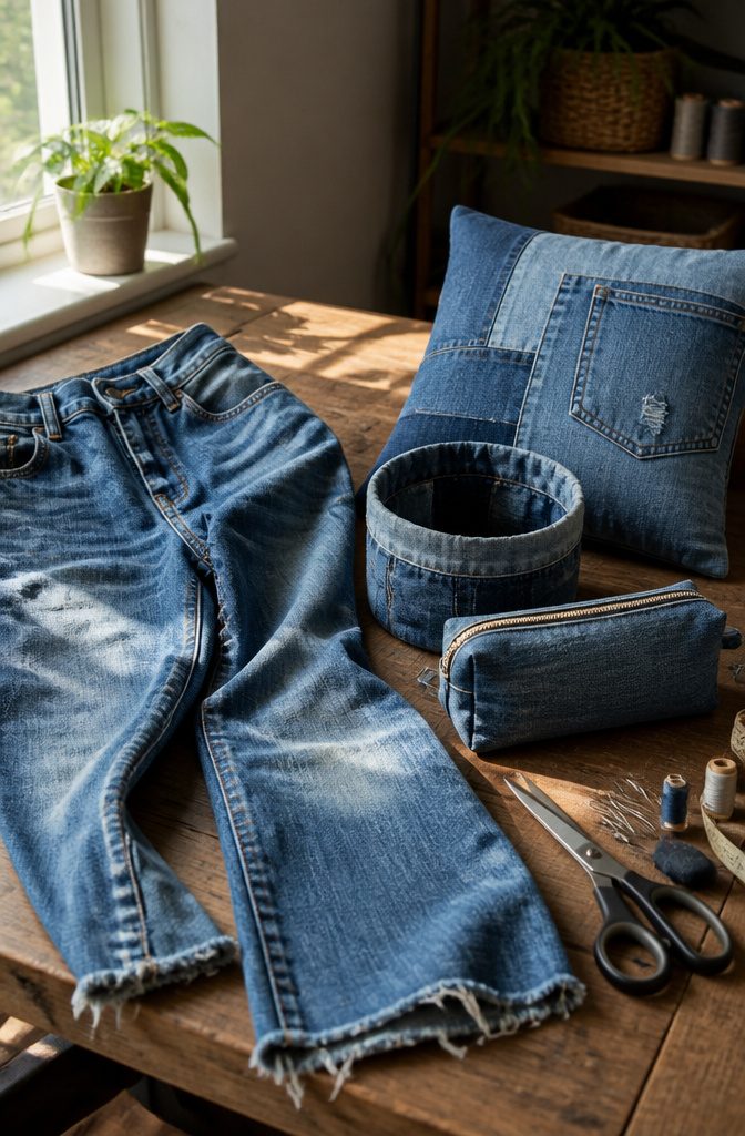 A pair of worn jeans with upcycled denim projects around them.