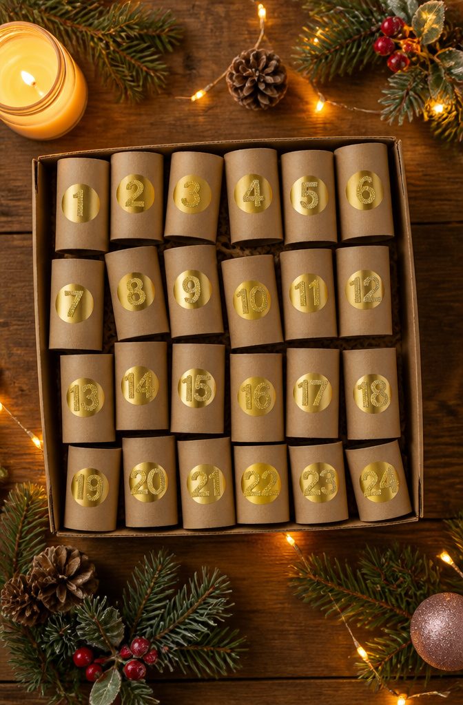 Twenty-four toilet paper rolls numbered and filled, arranged as an advent calendar.