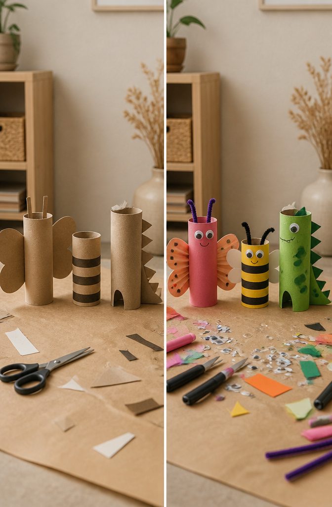 Different animal figures crafted from toilet paper rolls, including bees and dinosaurs.
