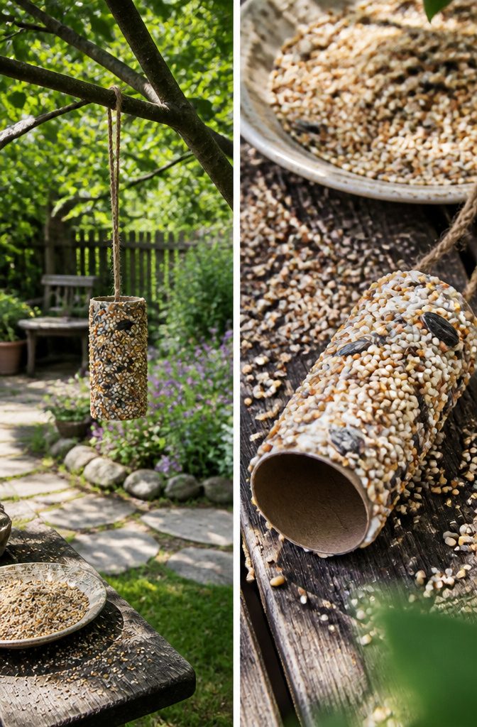 A toilet paper roll bird feeder covered in birdseed, ready to hang for birds.