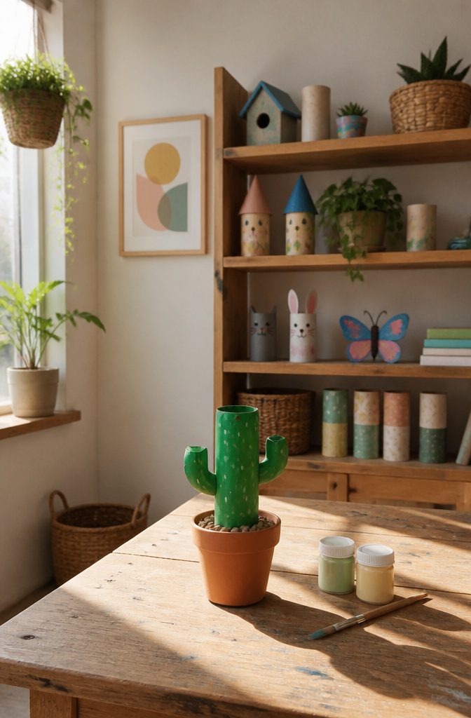 A toilet paper roll cactus painted green with arms cut and folded outward.