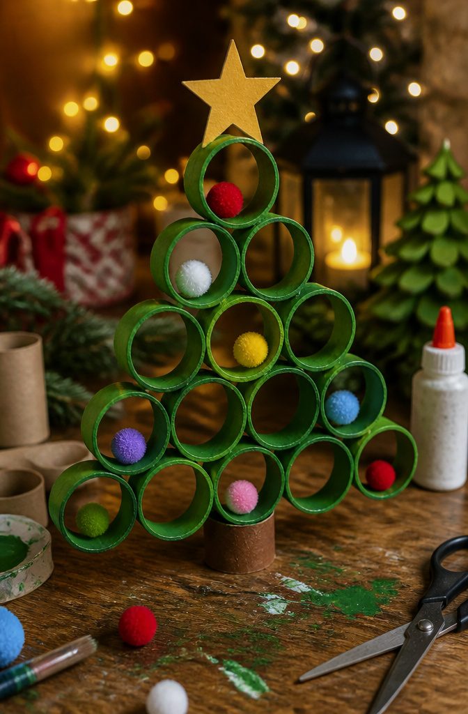 Painted rings from toilet paper rolls arranged in a triangle to form a Christmas tree.