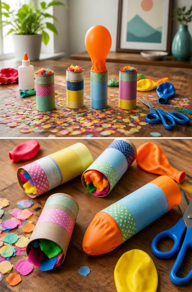 Toilet paper roll confetti poppers featuring balloons and colorful confetti.