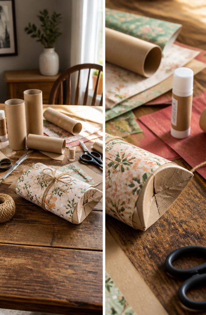 Several gift boxes crafted from toilet paper rolls, adorned with twine and decorative paper.