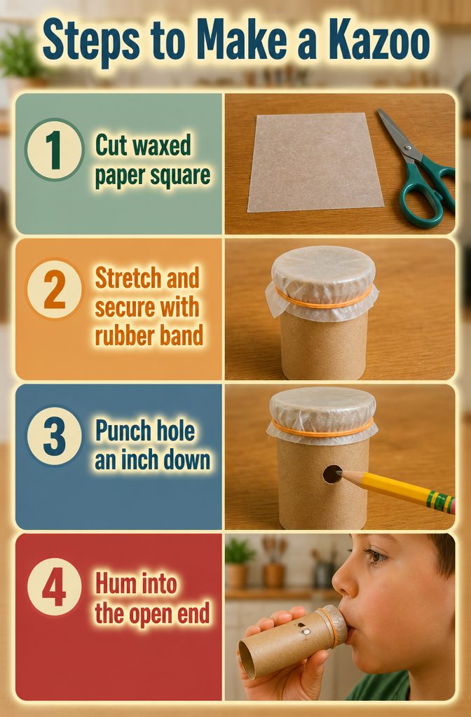 Instructions for making a kazoo from a toilet paper roll and waxed paper.