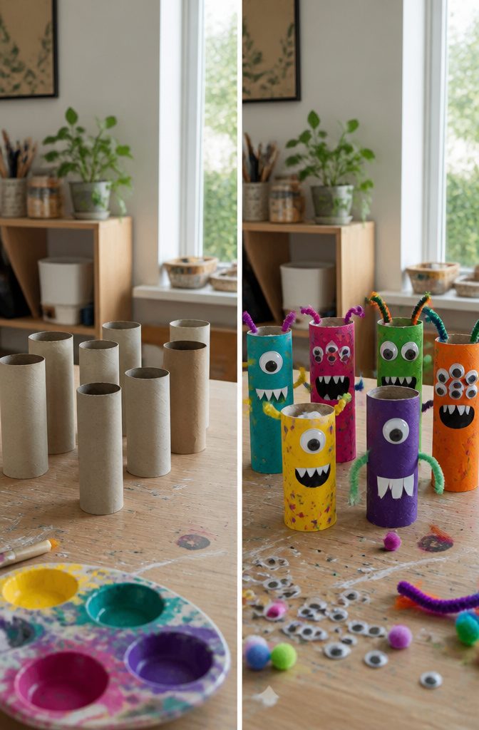 Various monsters created from toilet paper rolls, showcasing different designs and colors.