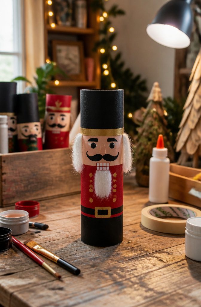 A nutcracker crafted from a painted toilet paper roll, featuring bold colors and details.