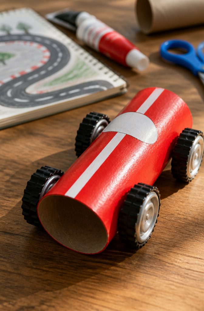 A toilet paper roll race car painted red with bottle caps used as wheels.