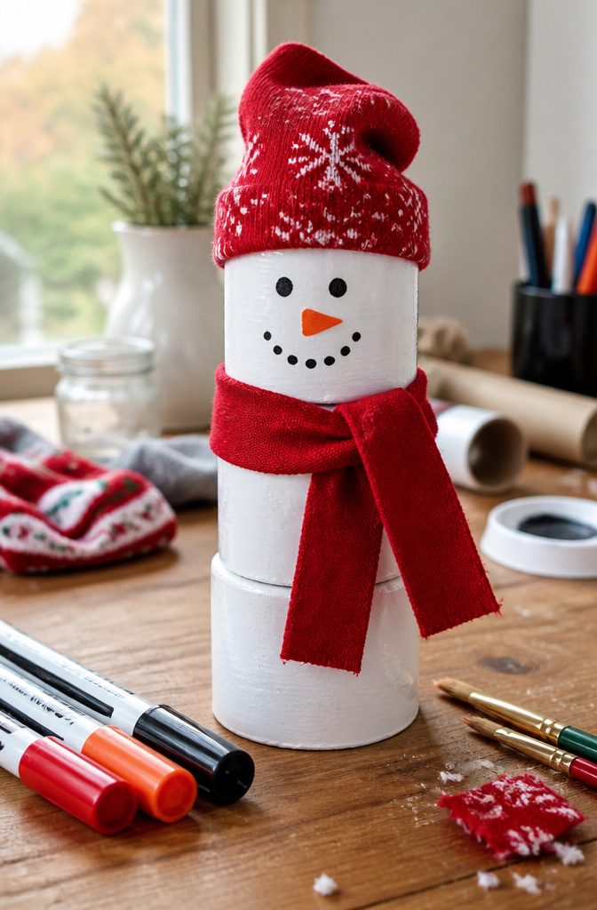 A snowman crafted from toilet paper rolls, painted white and wearing a sock scarf.
