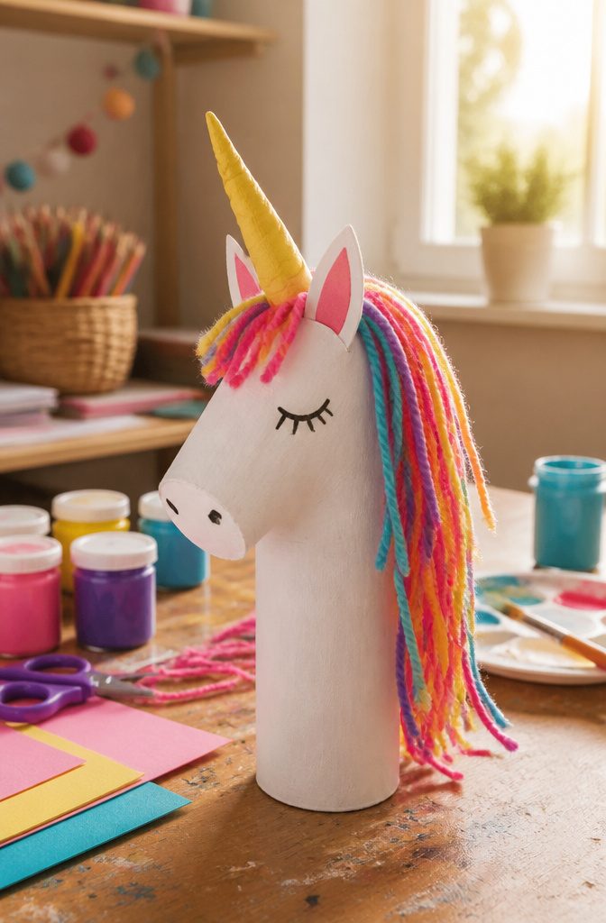 A unicorn made from a toilet paper roll, featuring a paper horn and yarn for a mane.
