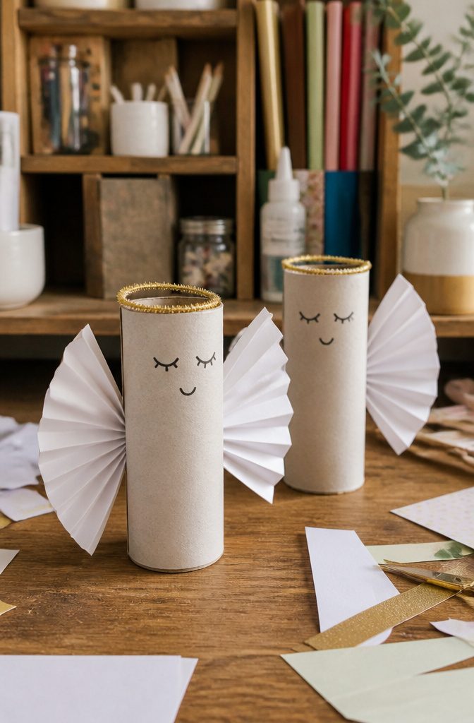 Two angels created from toilet paper rolls, featuring paper wings and simple faces.
