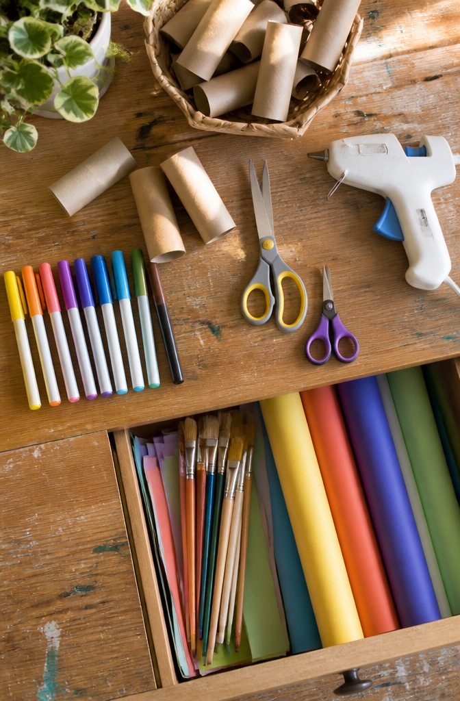 A collection of crafting supplies including scissors, glue, and colored paper.