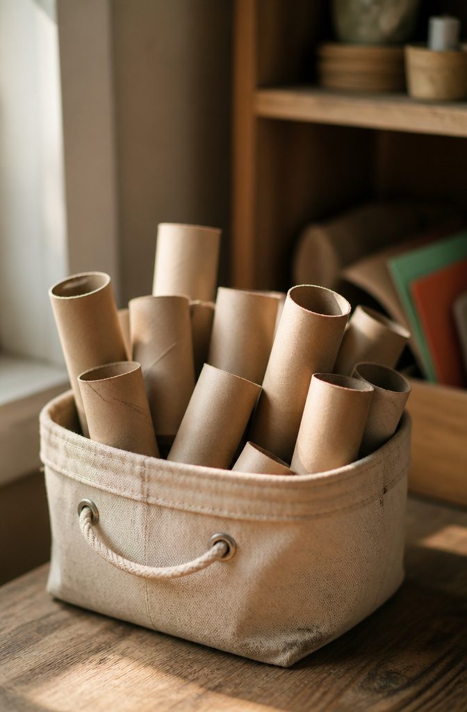 A small bin under a sink filled with collected toilet paper rolls for future crafts.